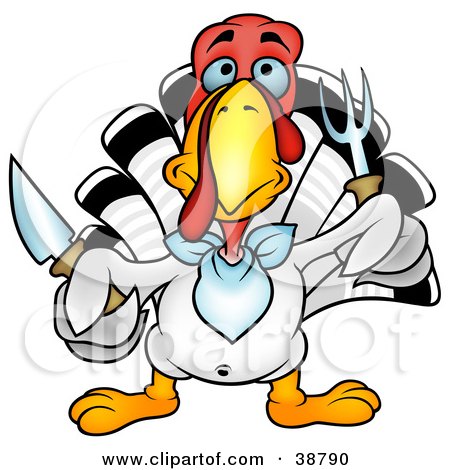 Clipart Illustration of a White Thanksgiving Turkey Bird Wearing A Bib And Holding A Fork And Knife by dero