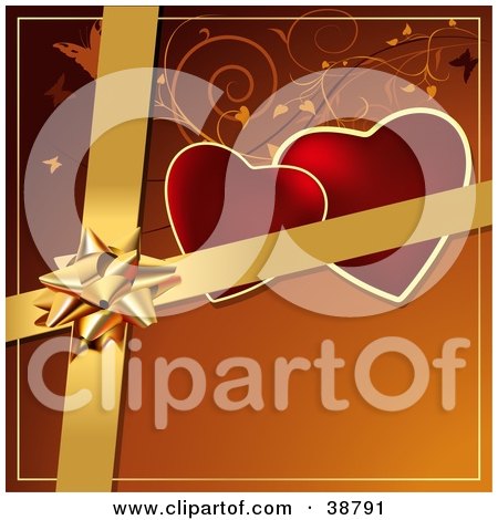 Clipart Illustration of a Gold Bow And Ribbons Over Hearts, Vines And Butterflies On An Orange Background by dero