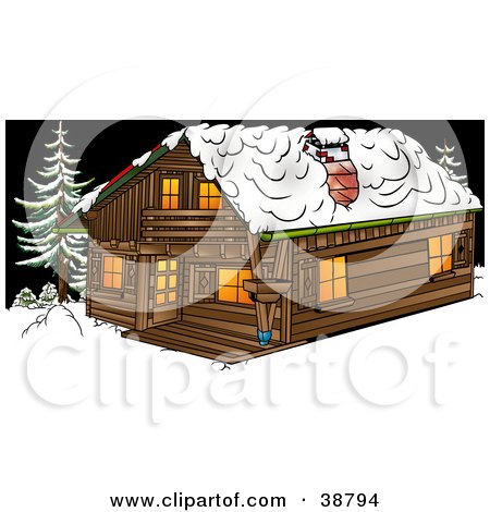 Clipart Illustration of a Big Log Cabin In The Snow At Night by dero