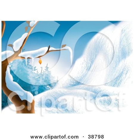Clipart Illustration of a Bare Tree Flocked In Snow Beside A Snow Covered Hill At The Edge Of The Woods by dero