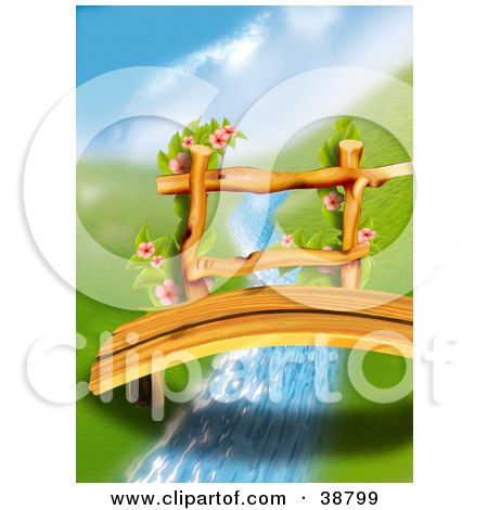 Clipart Illustration of Flowering Vines Growing On The Rails Of An Arched Wood Footbridge Over A Creek Between Green Hills by dero