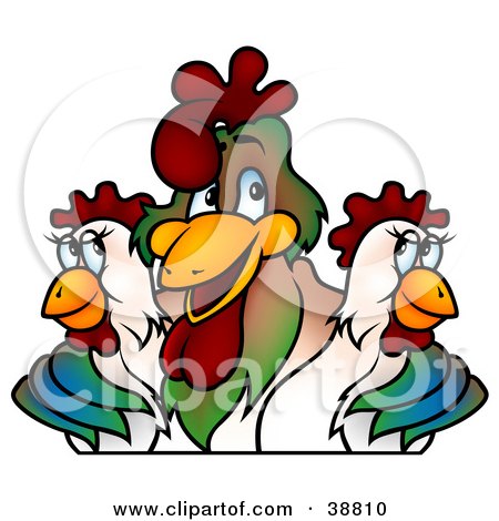 Clipart Illustration of a Handsome Alpha Rooster With His Wings Around Two Pretty Hens by dero