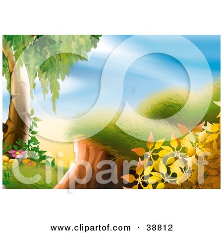 Clipart Illustration of Spring Flowers And A Tree Near A Grassy Hill by dero