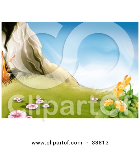 Clipart Illustration of Pink And Orange Flowering Plants In Grass Near A Rock by dero