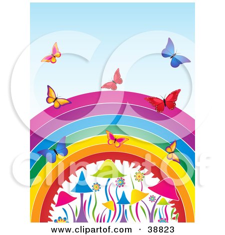 Clipart Illustration of Butterflies Flying Over A Colorful Rainbow, Flowers And Mushrooms by elaineitalia