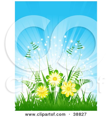 Clipart Illustration of Yellow Flowers And Ferns Growing Over A Bursting And Sparkling Blue Background by elaineitalia
