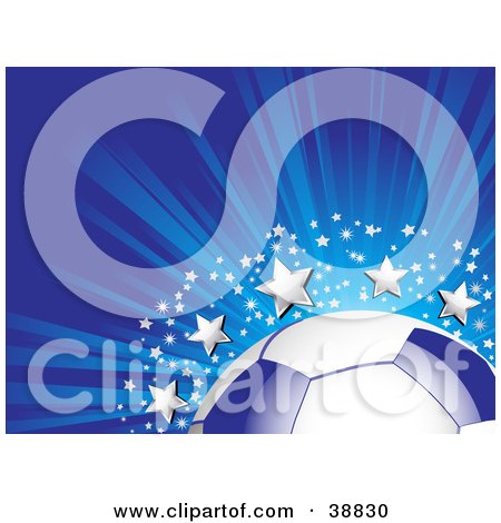 Clipart Illustration of a Blue And White Soccer Ball On A Bursting Blue Background With Silver Stars And Sparkles by elaineitalia