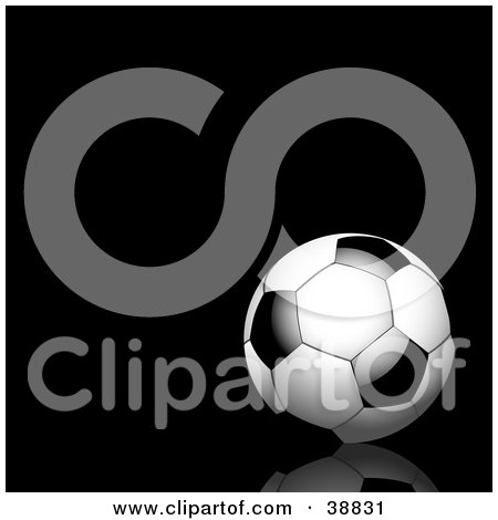 Clipart Illustration of a Black And White Soccer Ball On A Black Reflective Surface And Background by elaineitalia