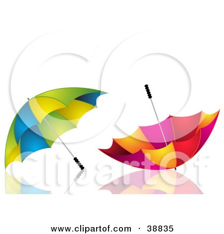 Clipart Illustration of Two Green, Yellow And Blue And Red, Pink And Yellow Umbrellas On A Reflective White Surface by elaineitalia