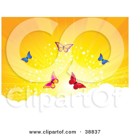 Clipart Illustration of Five Colorful Butterflies Above The Clouds Against A Sparkling Orange Sunset by elaineitalia