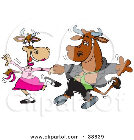 Clipart Illustration of a Handsome Young Bull Dancing With A Lady Cow On A Dance Floor by Dennis Holmes Designs