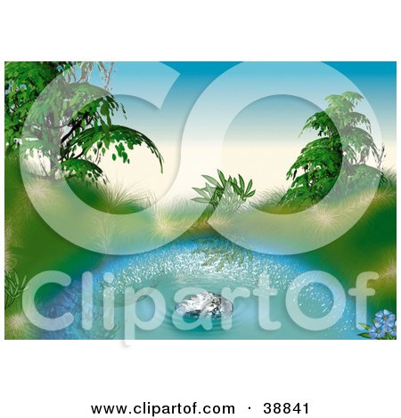 Clipart Illustration of Grasses And Green Plants Reflecting In A Sparkling Blue Pond by dero