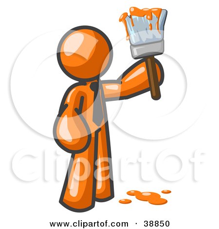 Clipart Picture Illustration of an Orange Man Painter Holding A Dripping Paint Brush by Leo Blanchette