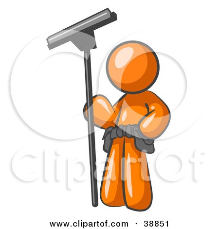 Clipart Picture Illustration of an Orange Man Window Cleaner Standing With A Squeegee by Leo Blanchette