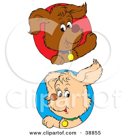 Clipart Illustration of Friendly Beige And Brown Puppy Dogs, Peeking Out Through Red And Blue Circles by Alex Bannykh