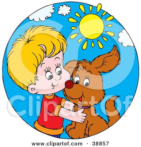 Clipart Illustration of a Happy Boy Hugging His Puppy On A Sunny Day by Alex Bannykh