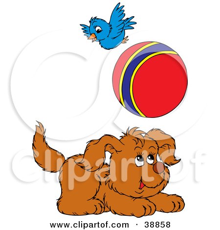 Clipart Illustration of a Happy Puppy And Bird Playing With A Ball by Alex Bannykh