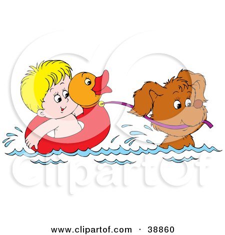 Clipart Illustration of a Dog Pulling A Boy In A Duck Inner Tube While Swimming by Alex Bannykh