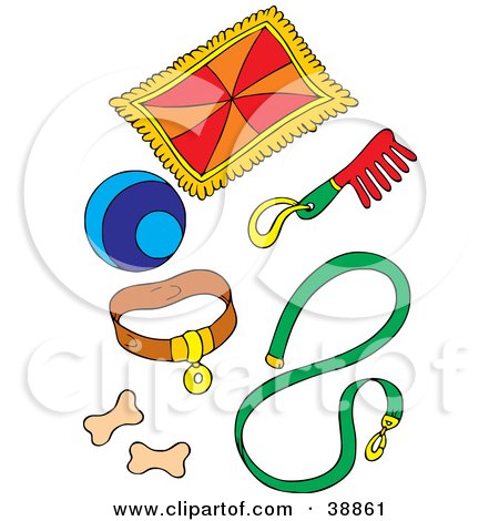 Clipart Illustration of Dog Supplies; Blanket, Ball, Collar, Comb, Leash And Biscuits by Alex Bannykh