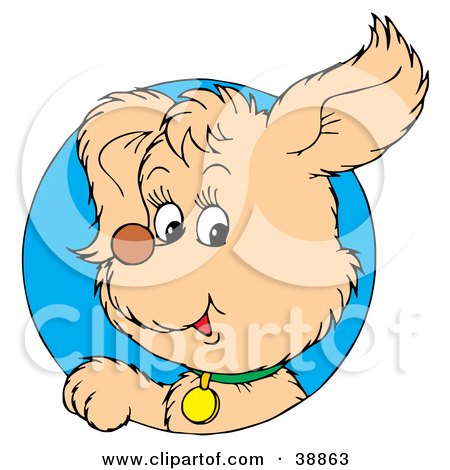 Clipart Illustration of a Friendly Beige Puppy Dog Wearing A Green Collar, Peeking Out Through A Blue Circle by Alex Bannykh