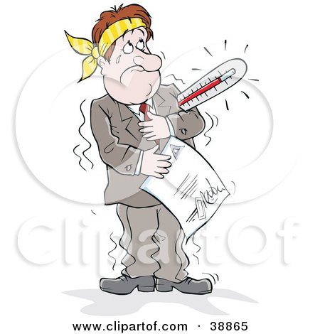 Clipart Illustration of a Determined Sick Businessman With A Thermometer Under His Arm, Holding A Report by Alex Bannykh