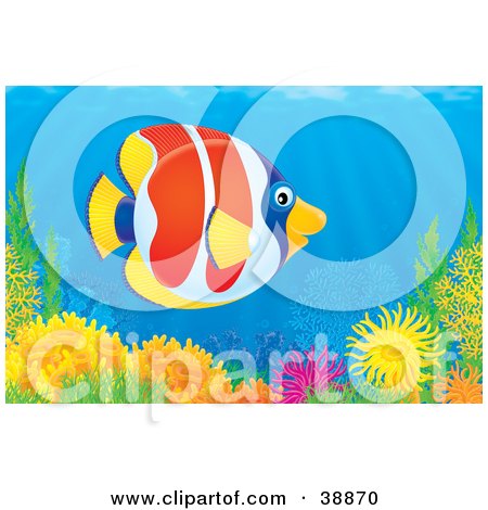 Clipart Illustration of a Red, White, Blue And Yellow Tropical Fish Swimming In A Coral Reef by Alex Bannykh