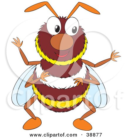 Clipart Illustration of a Friendly Brown, White And Yellow Bumble Bee Standing And Gesturing With His Hands by Alex Bannykh