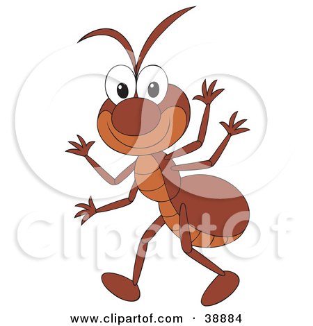 Clipart Illustration of a Happy Brown Ant Waving With His Four Hands by Alex Bannykh