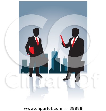 Clipart Illustration of a Black Silhouetted Corporate Business Men In Suits, With Briefcases And Paperwork, With A City Skyline by Paulo Resende