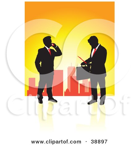 Clipart Illustration of a Black Silhouetted Business Guys In Suits, With Briefcases And Paperwork, With A City Skyline by Paulo Resende