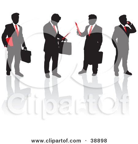 Clipart Illustration of a Team Of Black Silhouetted Business Men In Suits With Red Ties, Talking On Phones, Holding Papers And Briefcases by Paulo Resende