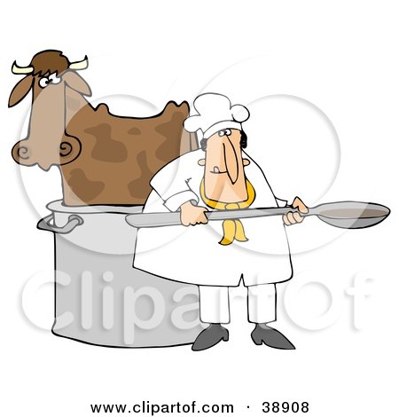 Clipart Illustration of a Chef Cooking A Cow In A Pot by djart