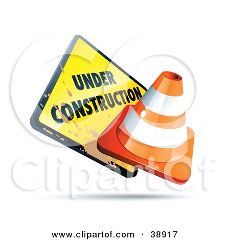 Clipart Illustration of a Dirty Yellow Under Construction Sign With An Orange Cone by beboy