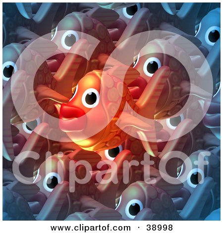 Clipart Illustration of a Glowing Orange Fish Standing Out In A Crowd Of Schooling Fish by Tonis Pan