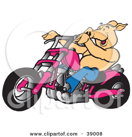 Clipart Illustration of Biker Pig Riding A Chopper Motorcycle by Snowy