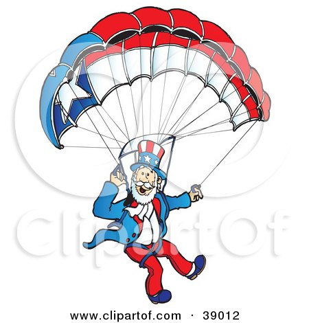 Clipart Illustration of Uncle Sam Parachuting With A Patriotic Parachute by Snowy