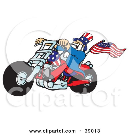 Clipart Illustration of Uncle Sam Riding A Patriotic Chopper With A Flag On The Back by Snowy