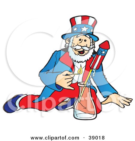 Clipart Illustration of Uncle Sam Lighting And Shooting Off Bottle Rocket Fireworks On The Fourth Of July by Snowy