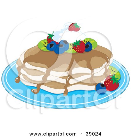 Clipart Illustration of Buttermilk Pancakes Topped With Kiwis, Strawberries, Blueberries, Whipped Cream And Maple Syrup by Maria Bell
