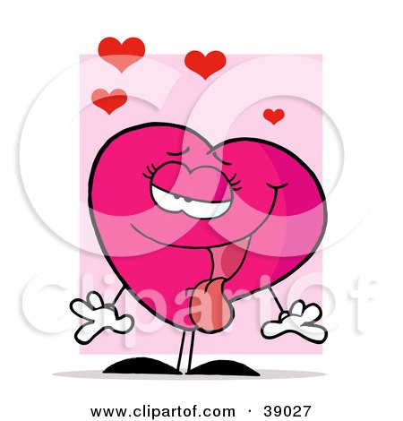 Clipart Illustration of a Pink Female Heart With Her Tongue Hanging Out, Standing In Front A Pink Rectangle by Hit Toon