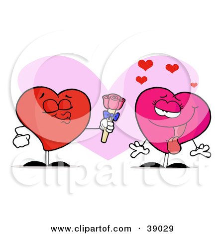 Clipart Illustration of a Pink Female Heart Swooning While A Male Heart Puckers And Gives Her Roses by Hit Toon