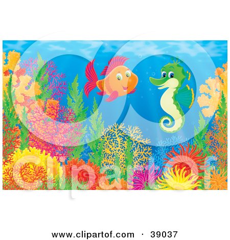 Clipart Illustration of an Underwater Scene Of A Saltwater Fish Chatting With A Green Seahorse Above A Coral Reef by Alex Bannykh