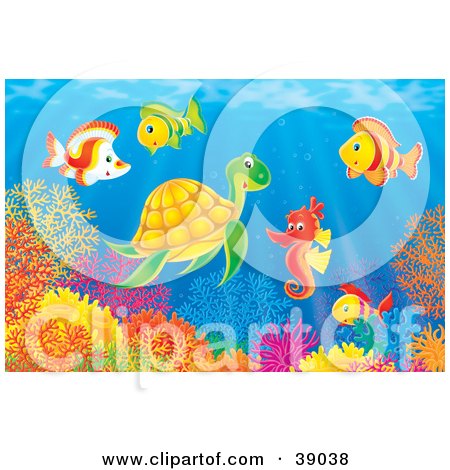 Clipart Illustration of an Underwater Scene Of Marine Fish Socializing With A Seahorse And Sea Turtle Above A Coral Reef by Alex Bannykh