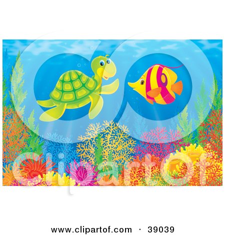 Clipart Illustration of an Underwater Scene Of A Friendly Sea Turtle Chatting With A Marine Fish Above A Reef by Alex Bannykh