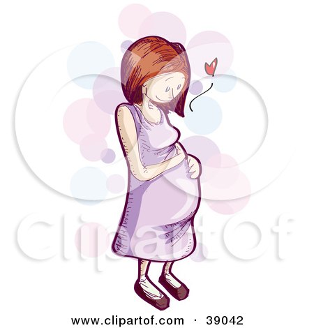 Clipart Illustration of a Red Haired Pregnant Woman Looking At Her Belly With Love, On A Pastel Bubble Background by PlatyPlus Art
