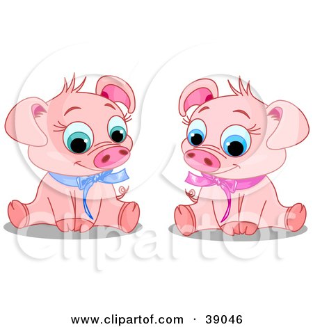 Clipart Illustration of Cute Male And Female Piglets Wearing Blue And Pink Ribbons, Sitting And Smiling by Pushkin