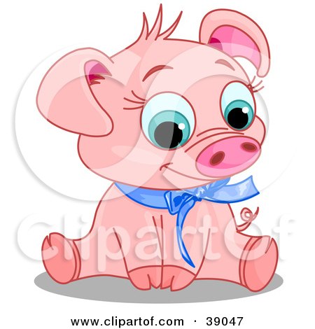 Clipart Illustration of an Adorable Pink Male Pig Wearing A Blue Ribbon, Sitting And Smiling by Pushkin
