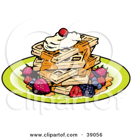 Clipart Illustration of a Stack Of Five Square Waffles Garnished With Whipped Cream, Maple Syrup And Berries by Dennis Holmes Designs