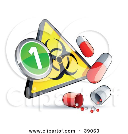 Clipart Illustration of a Yellow Triangular Flu Phase 1 Warning Biohazard Sign With Pill Capsules by beboy