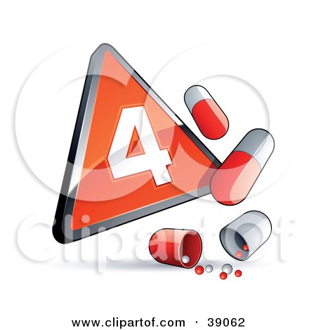 Clipart Illustration of a Reddish Orange Triangular Phase 4 Influenza Sign With Red And White Pill Capsules by beboy